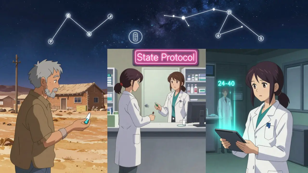 Three scenes show pharmacists providing naloxone, birth control, and dose adjustments under state protocols in diverse settings.