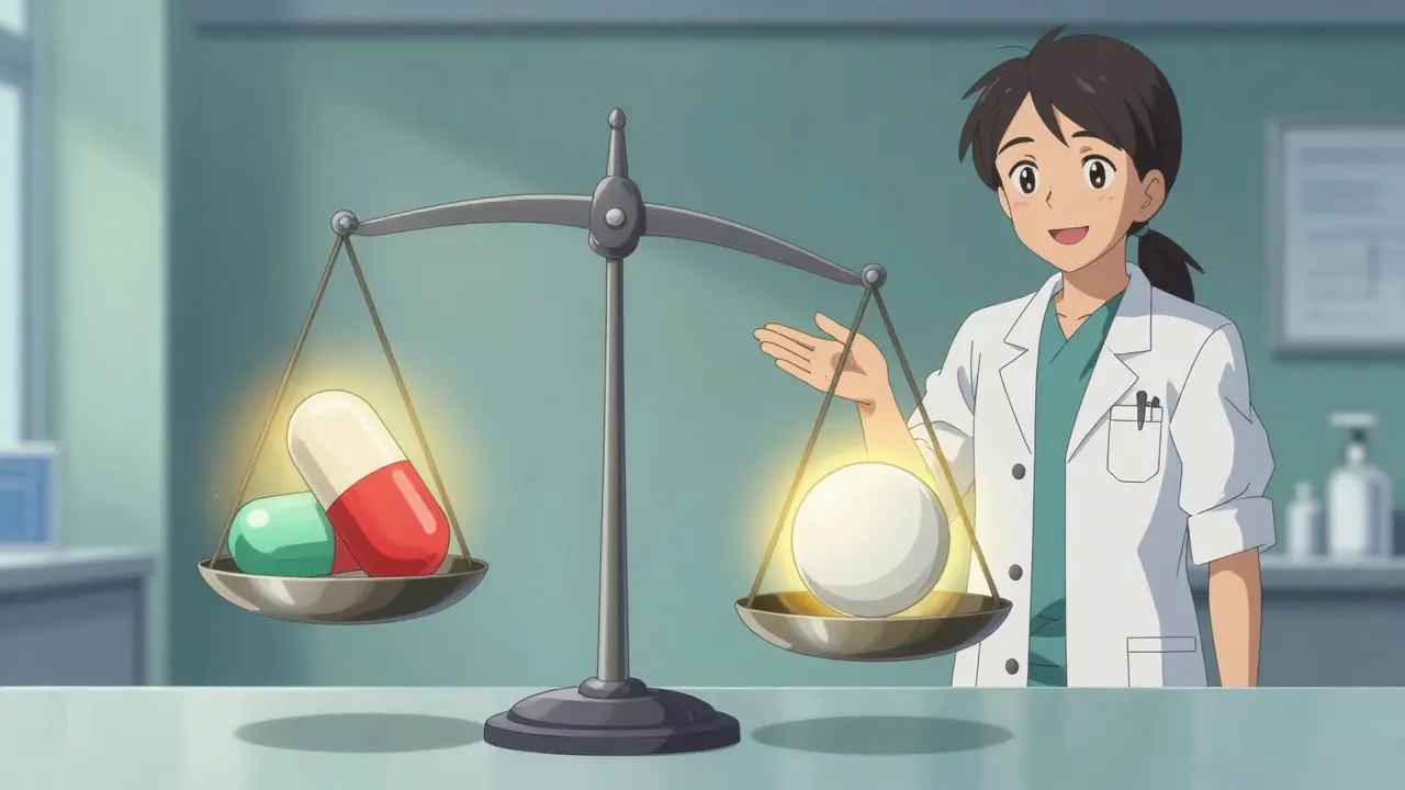 Two different pills balanced on scales with glowing aura.