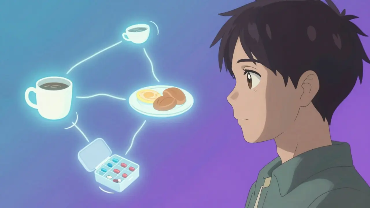 A person surrounded by floating habit icons and glowing neural pathways in anime style.