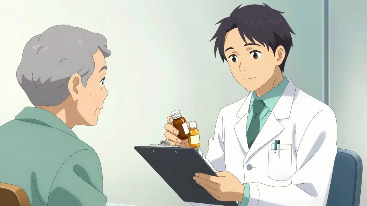 A pharmacist and an older patient reviewing medication bottles together