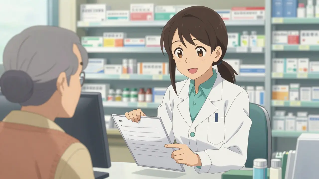 A pharmacist explaining a medication interaction checklist to a patient in a bright pharmacy.