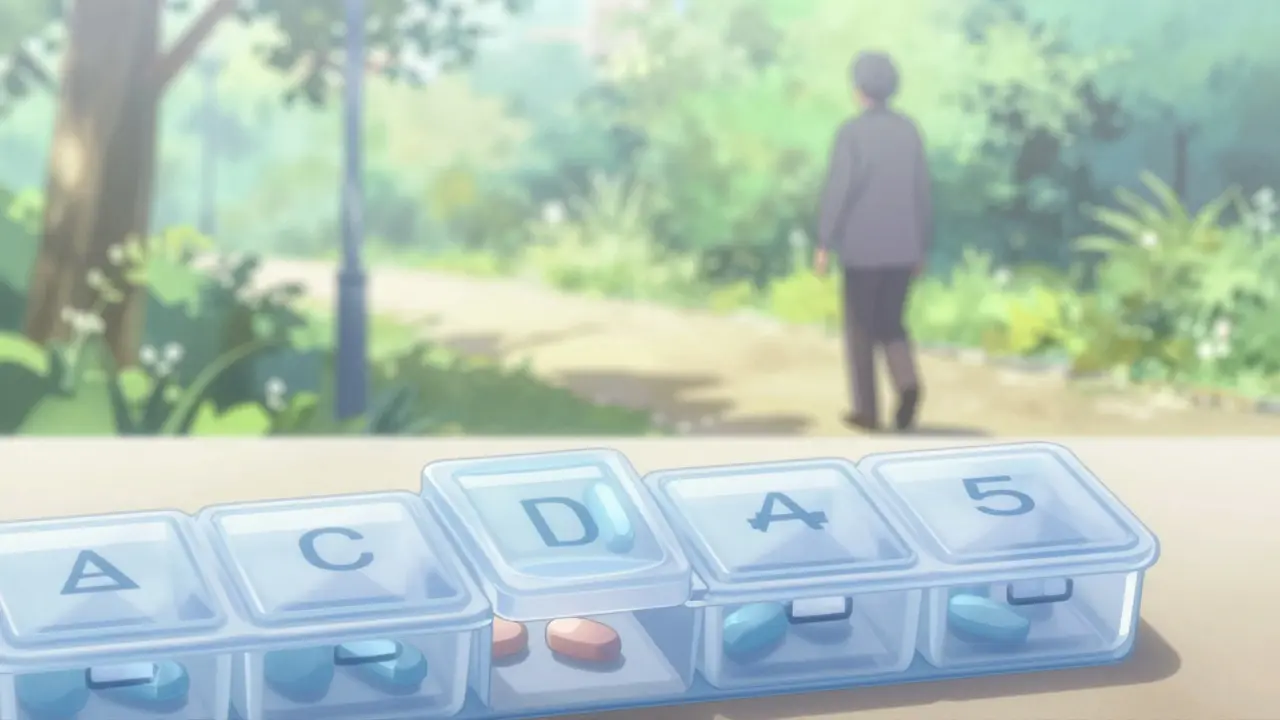 A simple pill organizer and a senior enjoying a walk in the park