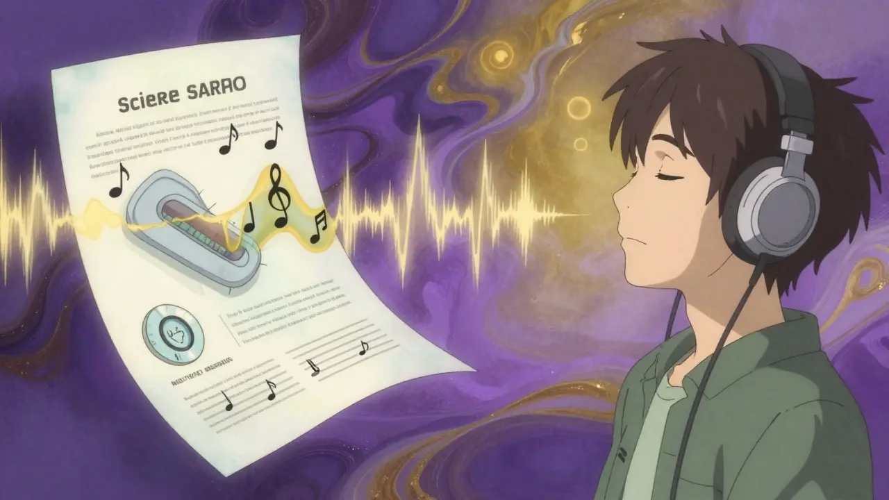 Abstract depiction of a person listening to medical information via audio resources.