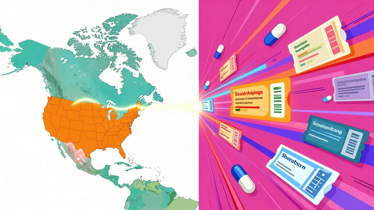 Abstract representation of digital coupons and US-Canada shipping, anime style