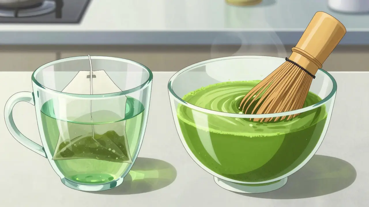 Anime comparison between a light brewed green tea and a concentrated bowl of vibrant matcha tea.