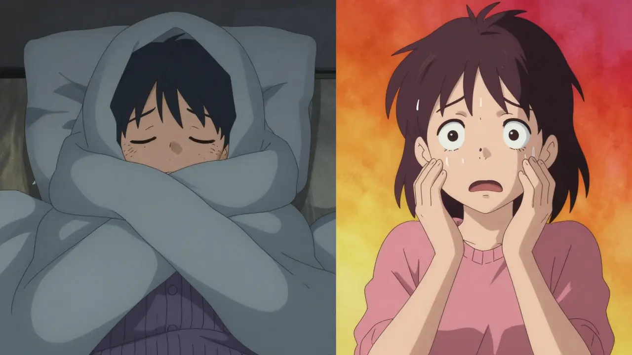 Anime comparison of a cold, exhausted person and a sweating, anxious person.