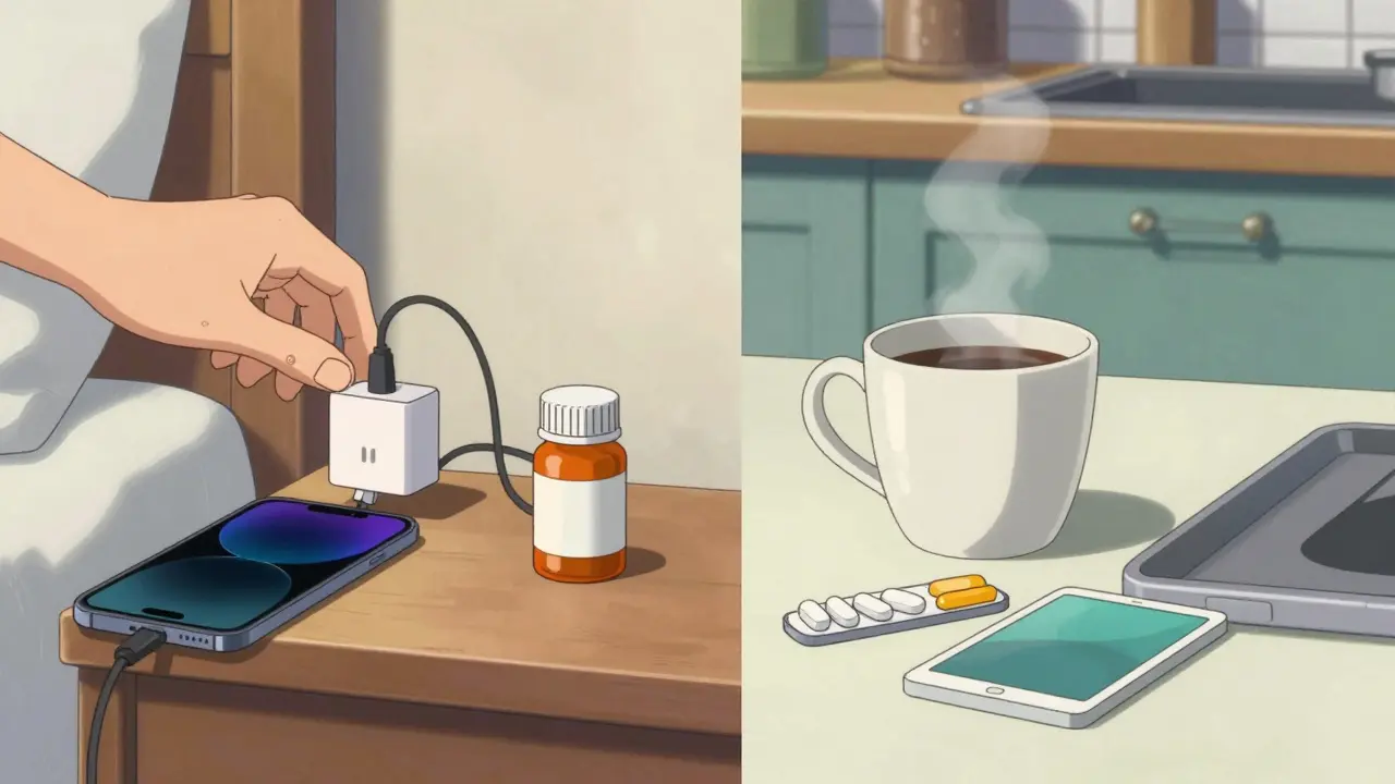 Anime depiction of medication paired with a phone charger and a cup of coffee.