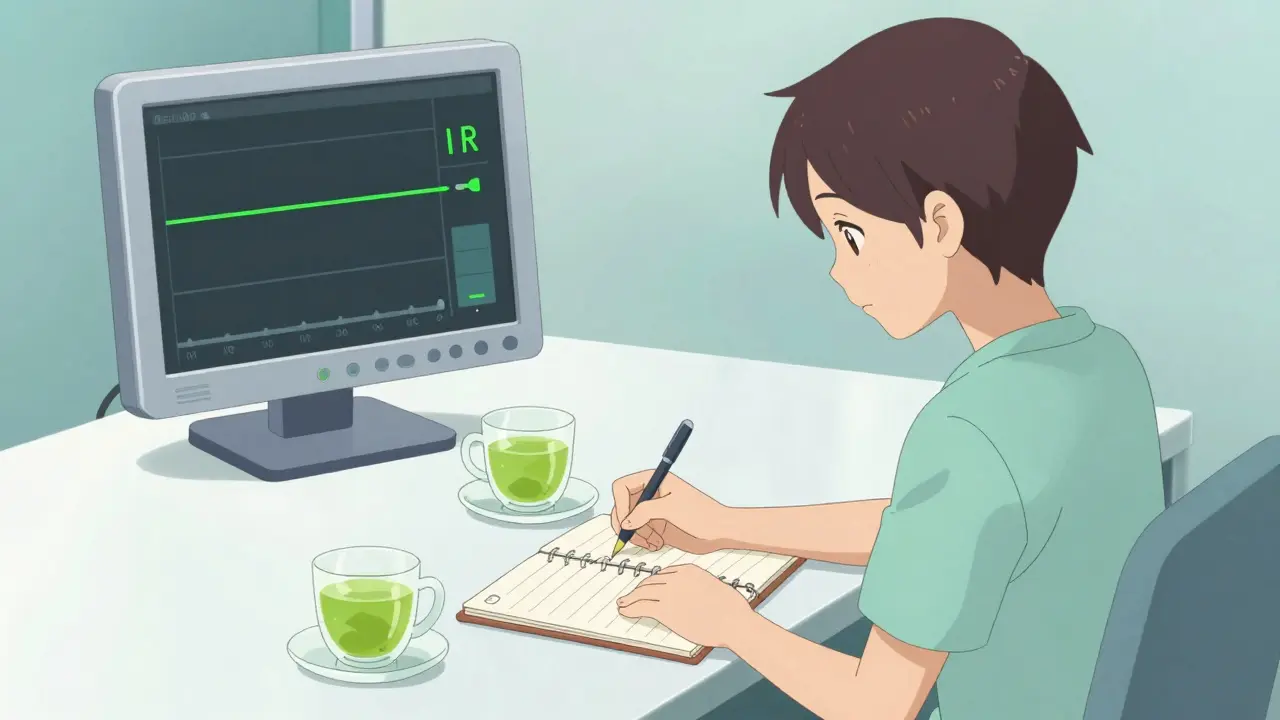 Anime scene of a person logging their daily tea intake to maintain a stable INR level.