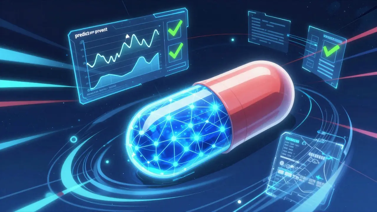 Glowing blue blockchain network and AI data streams surrounding a medicine capsule