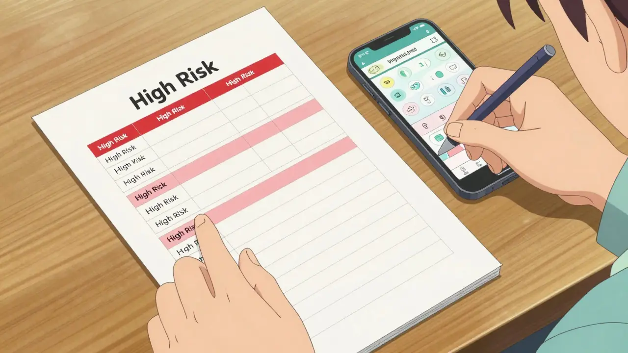 Hands organizing a red-coded medication checklist and a smartphone on a table.