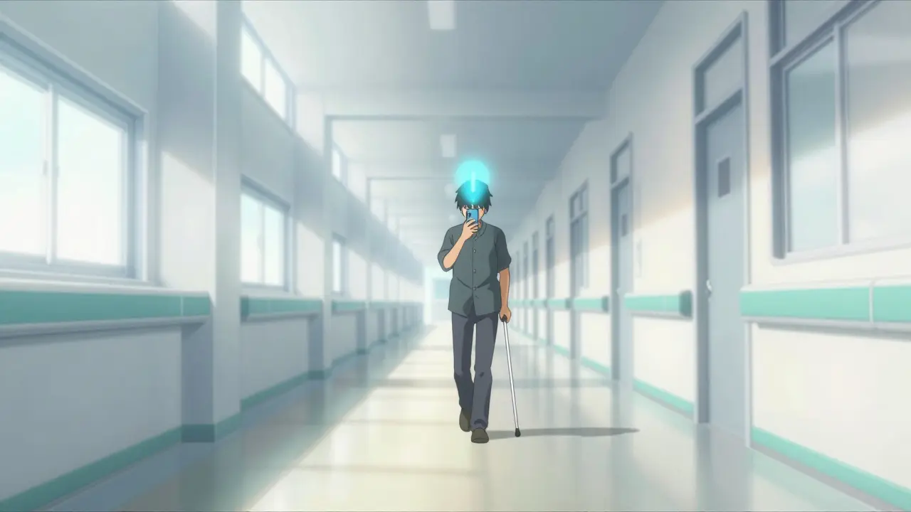 Person with a white cane navigating a bright hospital hallway using a mobile audio guide.