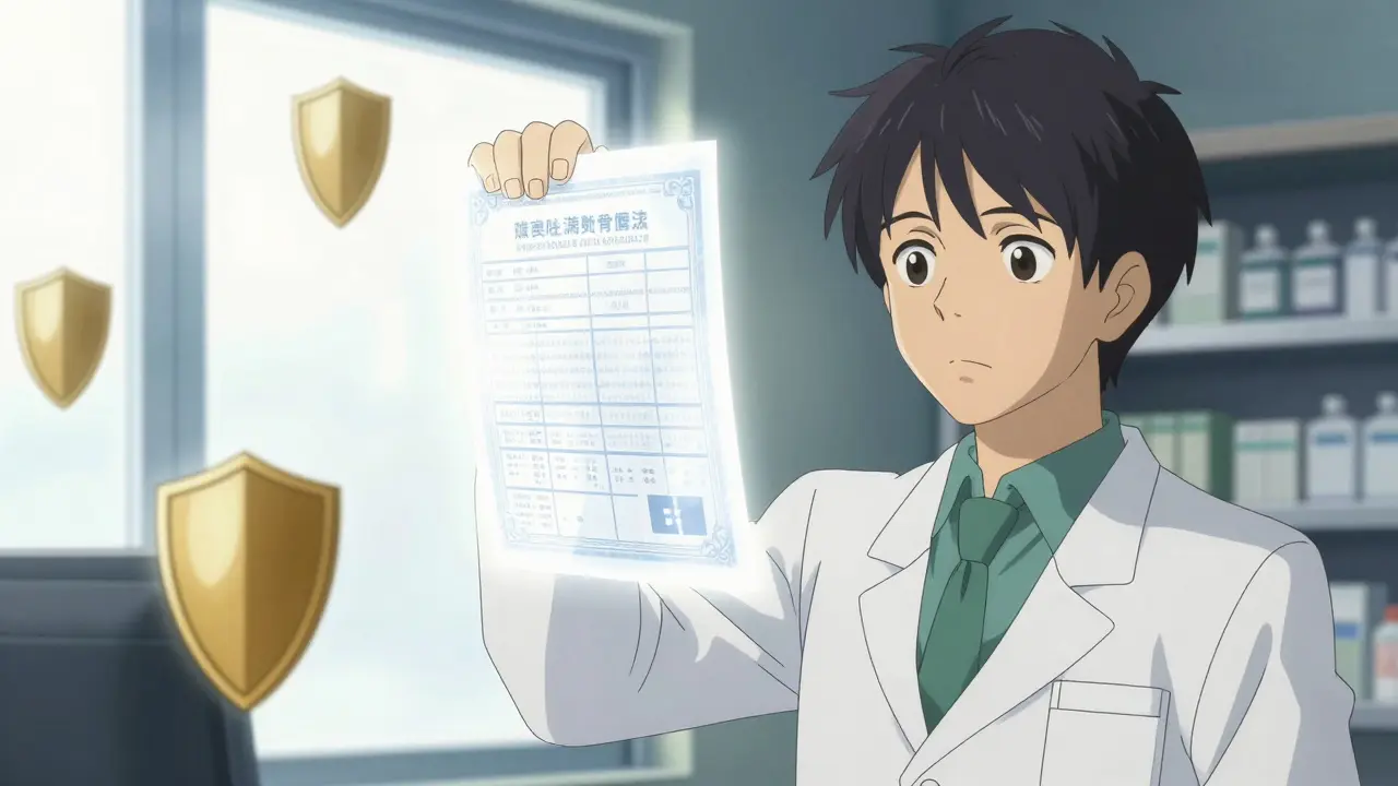 Pharmacist inspecting a glowing regulatory seal against bright light