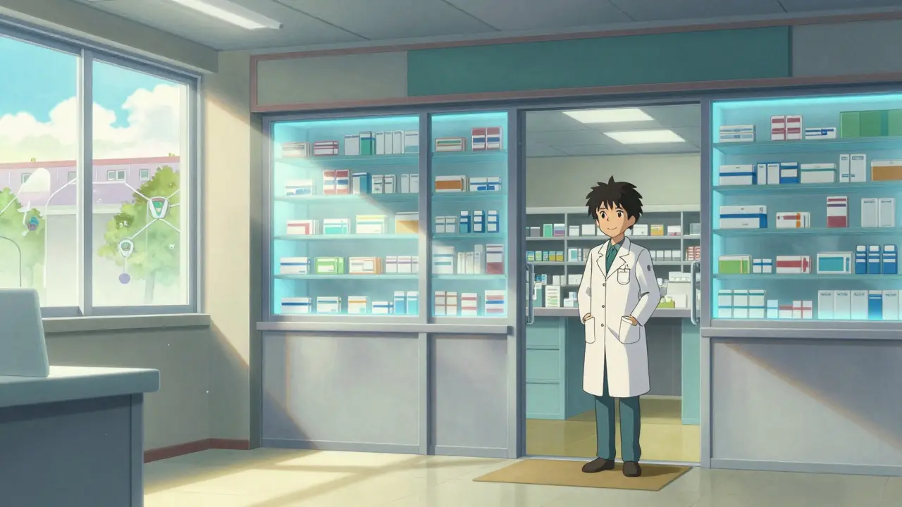 Secure pharmacy interior bathed in soft sunlight with protective aura