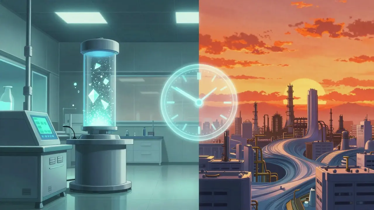 Split screen showing a high-tech lab and a distant industrial city with a floating timer
