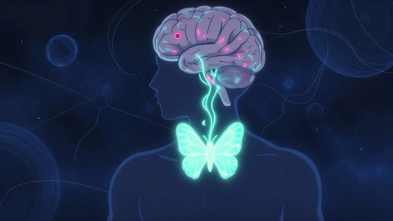 Stylized anime silhouette showing a glowing butterfly-shaped thyroid gland and brain energy.