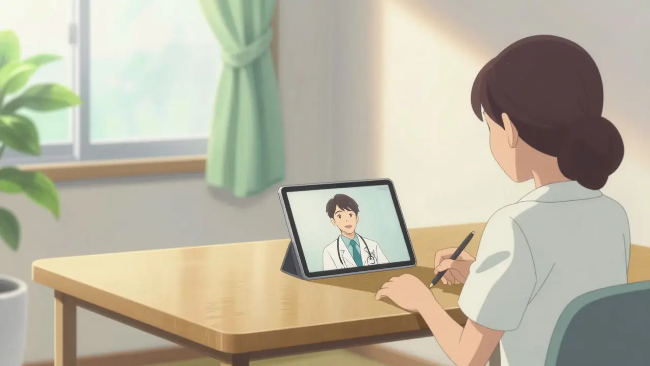 Telehealth consultation on a tablet in a bright, cozy room, anime style